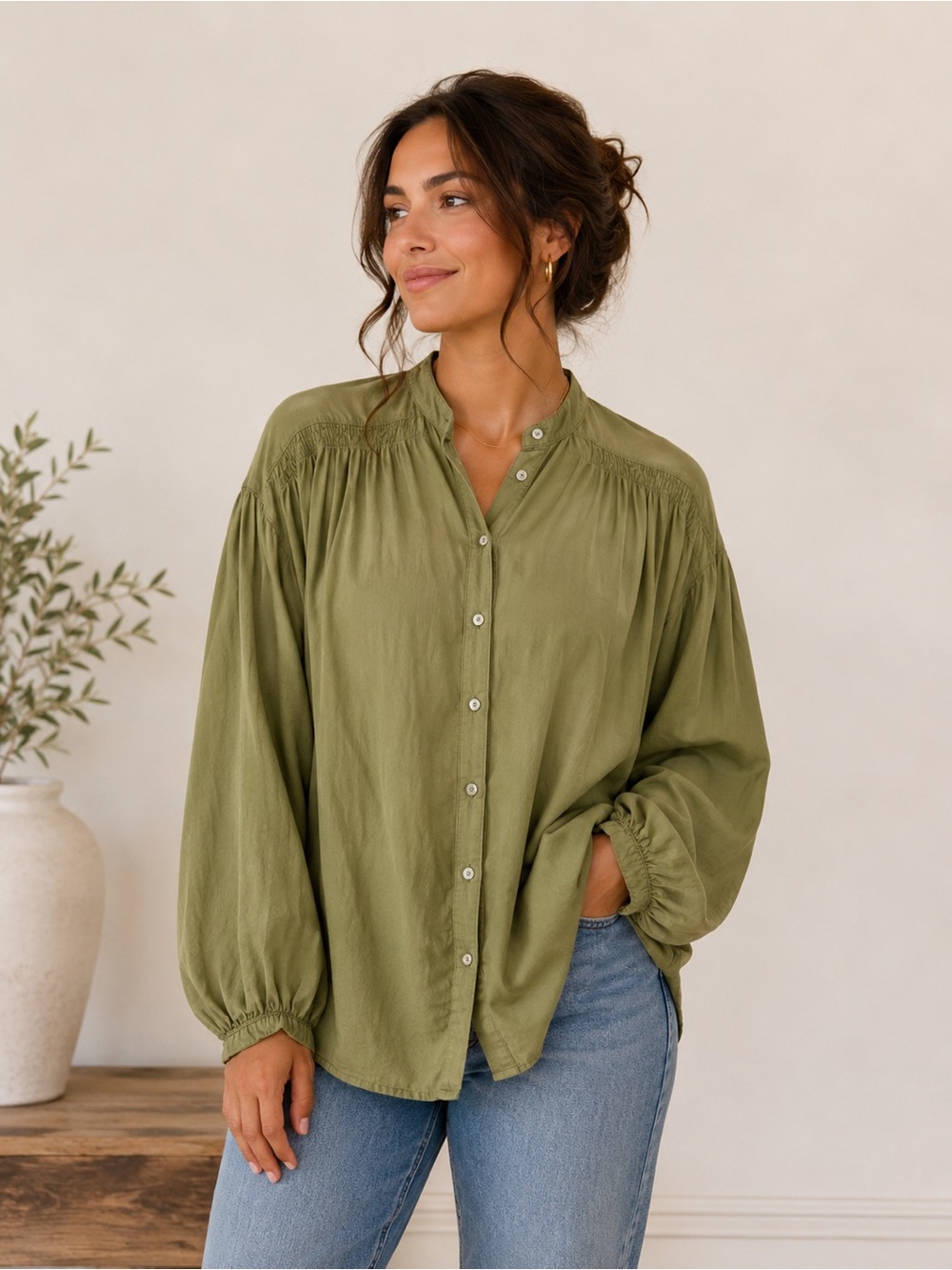 Free People Olive Green Button Front Boho Peasant Blouse Balloon Sleeve Large